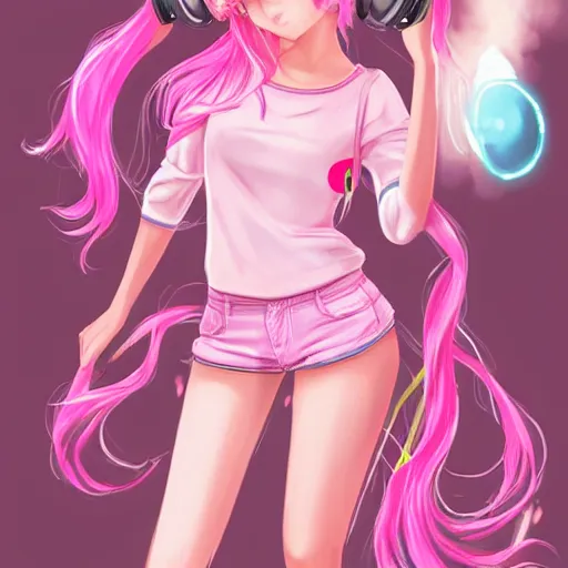 Image similar to !dream very very very beautiful pink gamer girl wearing headphones with a unicorn horn coming out of her head standing in a pink girls room, full body portrait, eye contact, smiling, perfect face, perfect body, extreme long shot, drawn by artgerm