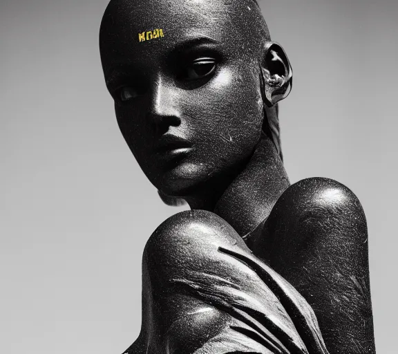 Image similar to dark black marble statue of a beautiful woman with colorful motocross logos in the style of virgil abloh, dark soft lighting, cinematic, very very beautiful, detailed, off white, heron preston, 8 k, 4 k, detailed, beautiful, symmetrical, vogue, editorial, fashion, magazine, museum lighting, night time, dark