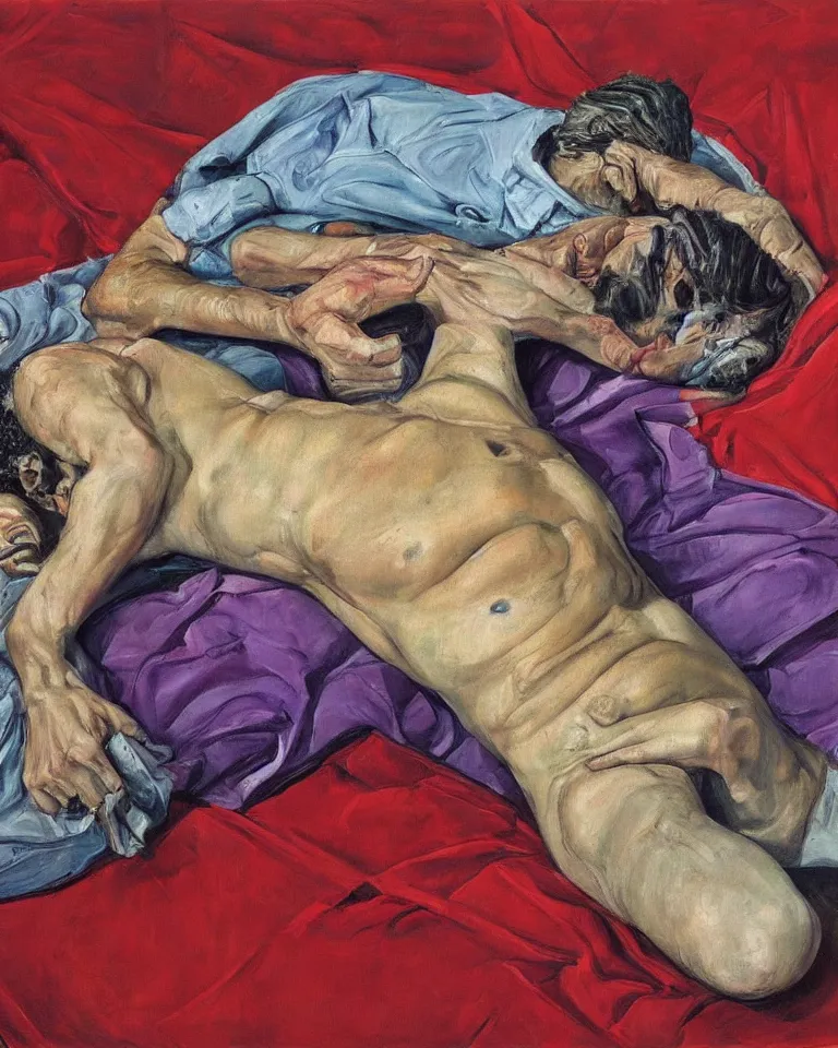 Prompt: high quality painting by lucian freud, hd, high contrast, fine details, hd, red, dark cyan, purple