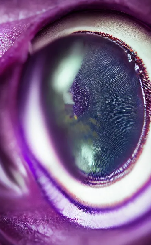 Image similar to macro shot, close-up of a purple squid eye, intricate iris, ultrarealistic, highly detailed, octane render, ray tracing