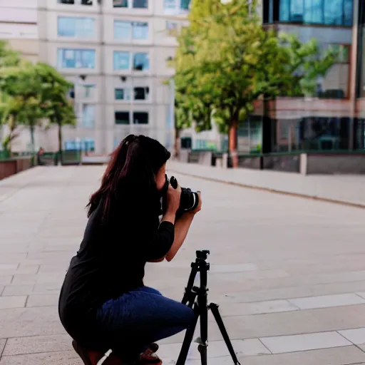 Prompt: woman taking a photograph with a studio camera on the sidewalk outdoors