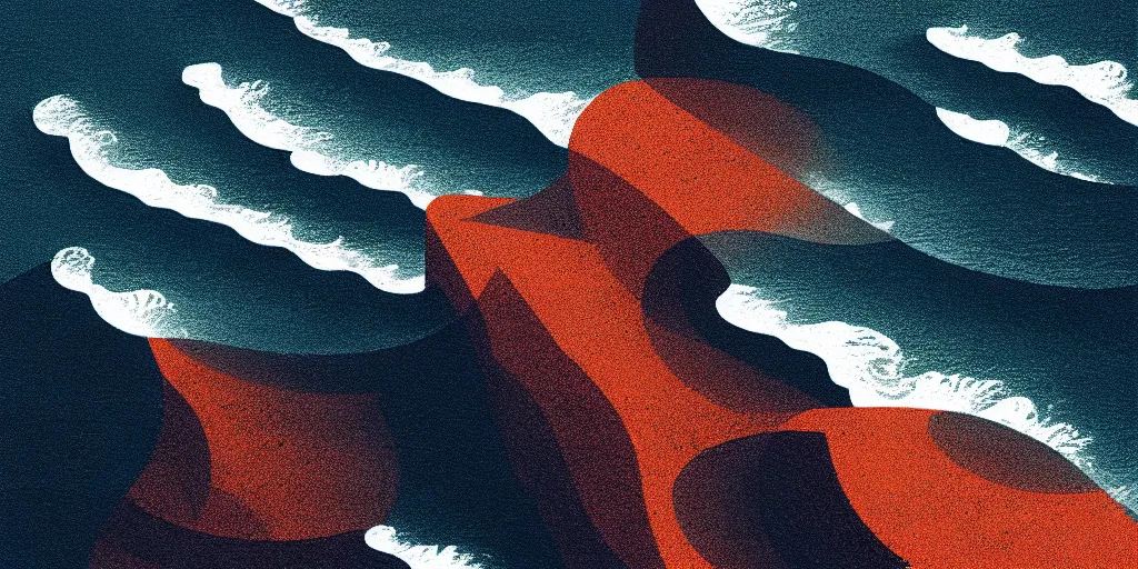 Image similar to ocean waves, mads berg, karolis strautniekas, film noir, stippled light, dramatic lighting, editorial illustration, detailed, fine texture, matte print, art deco, brutalism, dark blue + dark orange, red, black, ( ( habitat 6 7 background ) ) 1 0 2 4