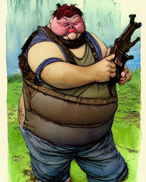 Prompt: a realistic and atmospheric watercolour fantasy character concept art portrait of a fat adorable dirty chibi duck wearing a wife beater and firing a handgun, by rebecca guay, michael kaluta, charles vess and jean moebius giraud