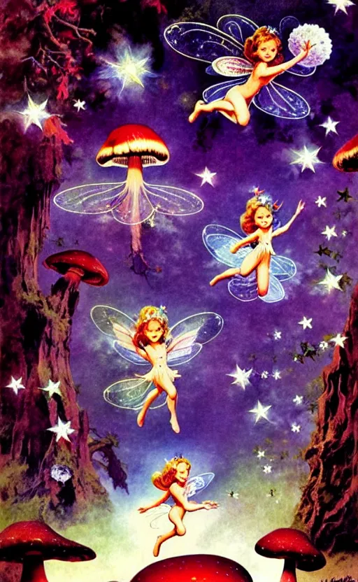 Image similar to stars in the sky fairies flying into an enchanted forest mushrooms on the ground psychedelic wide angle shot white background vector art illustration by frank frazetta