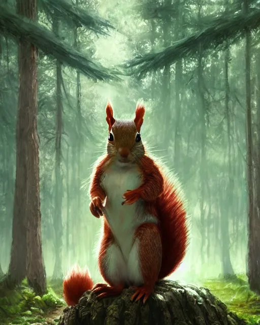 Prompt: Squirrel clothed, portrait, magic, forest background, magic the gathering artwork, D&D, fantasy, cinematic lighting, centered, symmetrical, highly detailed, digital painting, artstation, concept art, smooth, sharp focus, illustration, volumetric lighting, epic Composition, 8k, art by Akihiko Yoshida and Greg Rutkowski and Craig Mullins, oil painting, cgsociety