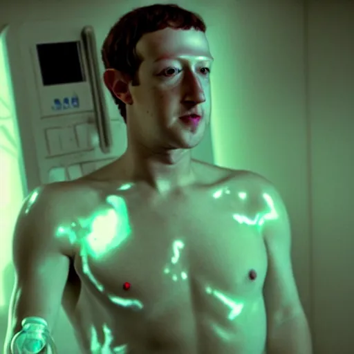 Image similar to mark zuckerberg awakening from his alien cryogenic chamber with slimy feeding tubes attached. inside a room with futuristic touchscreen medical equipment. Surrounded by skinny translucent aliens. Photograph from science fiction movie.