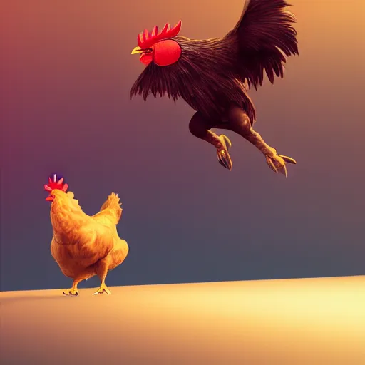 Prompt: a man running from a huge chicken flapping its wings, illustration, digital art, matte painting, trending on artstation