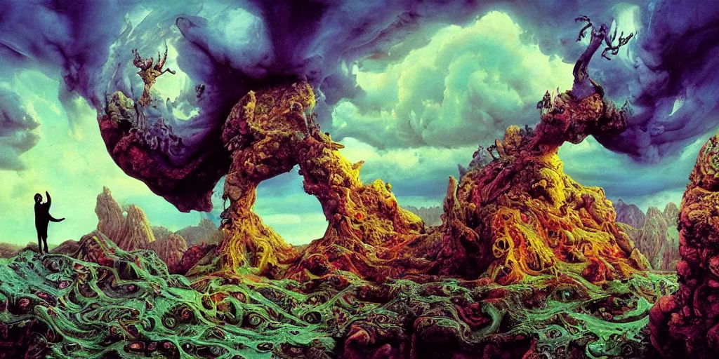 Image similar to ultrawide angle colour masterpiece surreal closeup portrait photography of surrealism by annie leibovitz and michael cheval, god mountain hybrid laying down, incredible sense of depth and perspective and clarity, weird surreal epic psychedelic complex biomorphic 3 d fractal landscape in background by kilian eng and roger dean and giger and salvador dali and beksinski, 8 k