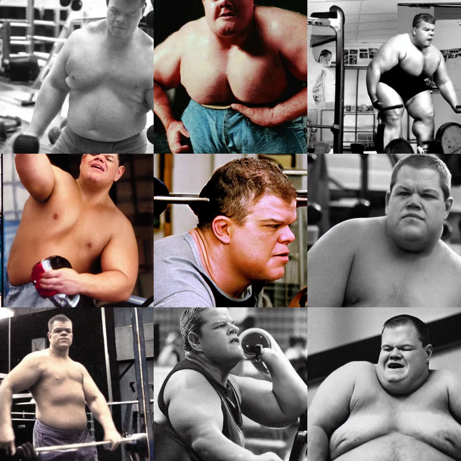 Prompt: close up mid shot!! real photograph, very obese matt damon pumping iron, documentary still photograph, vintage