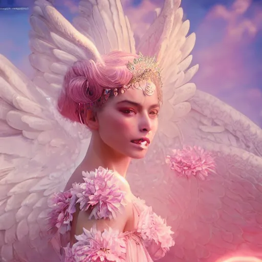 Image similar to expressive full body photo of sophia lauren as beautiful angel, smooth glowing skin, ornate headpiece made from pink flowers, glamour shot, by yoshitaka amano, by greg rutkowski, by jeremyg lipkinng, by artgerm, digital art, octane render, unreal engine, photorealistic, 3 d character