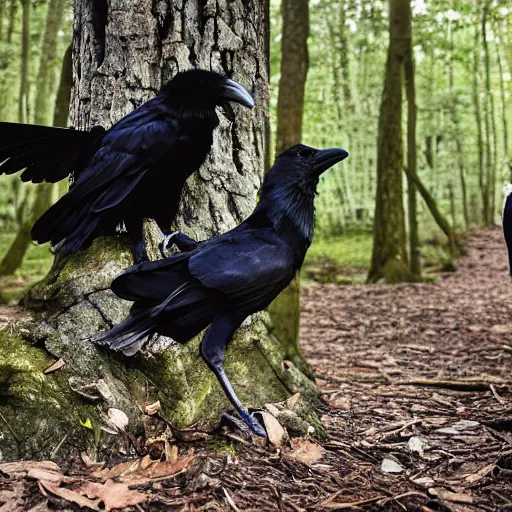 Image similar to male human and crow!! chimera, photograph captured in a forest