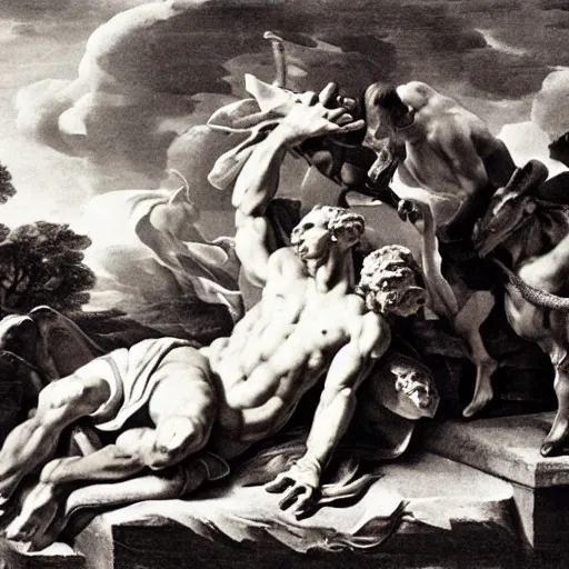 Image similar to the sacrifice of a goat, dramatic scene, sculpted by bernini