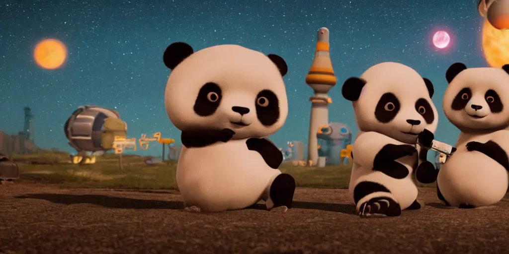 Prompt: cute cartoon panda monsters standing by a rocket ship at night, still from a Wes Anderson film, cinematic, trending on artstation, highly detailed, scene from a movie, soft lighting, 8k