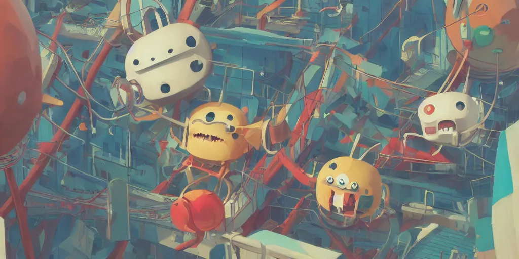 Prompt: cute anime monsters on a roller coaster by Goro Fujita and Simon Stalenhag and Kandinsky and Picasso and Magritte, 8k, trending on artstation, hyper detailed, cinematic