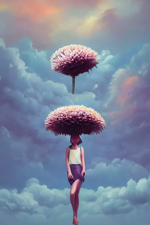 Prompt: closeup, giant daisy flower as head, the girl between monsteras, surreal photography, wind and cold, dramatic sky, impressionist painting, digital painting, artstation, simon stalenhag