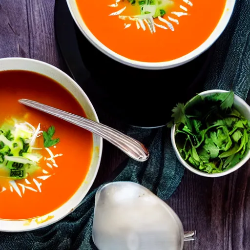 Image similar to a soup with teeth floating, food photography