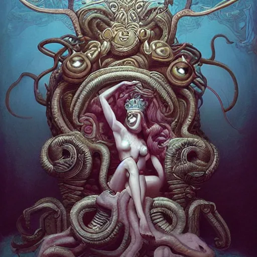 Image similar to lovely medusa in her throne room, realistic, intricate, highly detailed, peter mohrbacher