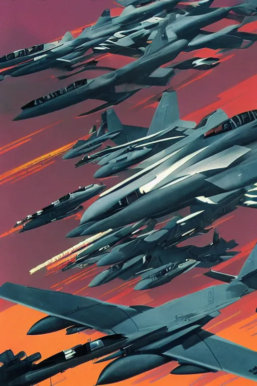 Prompt: a group of fighter jets flying next to each other, poster art by syd mead, behance, retrofuturism, dynamic composition, poster art, glitch art