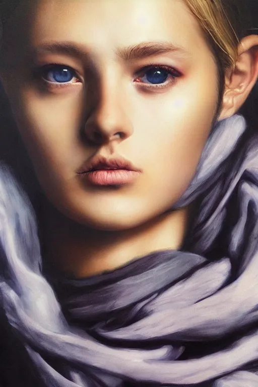 Prompt: hyperrealism oil painting, complete darkness, soft light, close - up portrait, fashion model, start scarf, in style of classicism mixed with 8 0 s japanese sci - fi books art