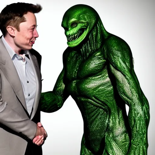 Prompt: Elon Musk shaking hands with an extraterrestrial alien with green skin, black eyes, and a sharp teeth, artistic photography, photorealistic