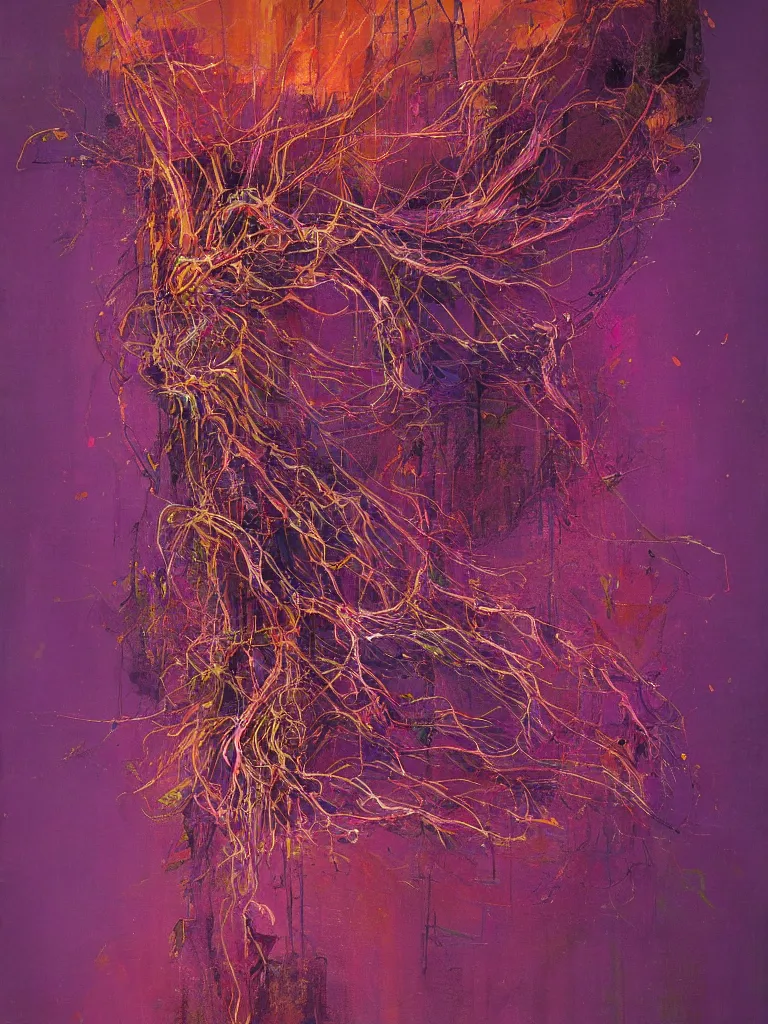 Image similar to a beautiful glitched abstract painting by dale witherow of a glitched human nervous system by robert proch, color bleeding, pixel sorting, copper oxide material, brushstrokes by jeremy mann, studio lighting, pastel purple background, square shapes