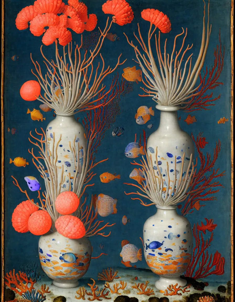 Prompt: bottle vase of coral under the sea decorated with a dense field of stylized scrolls that have opaque outlines enclosing mottled blue washes, with purple shells and blue fishes, Ambrosius Bosschaert the Elder, oil on canvas, around the edges there are no objects