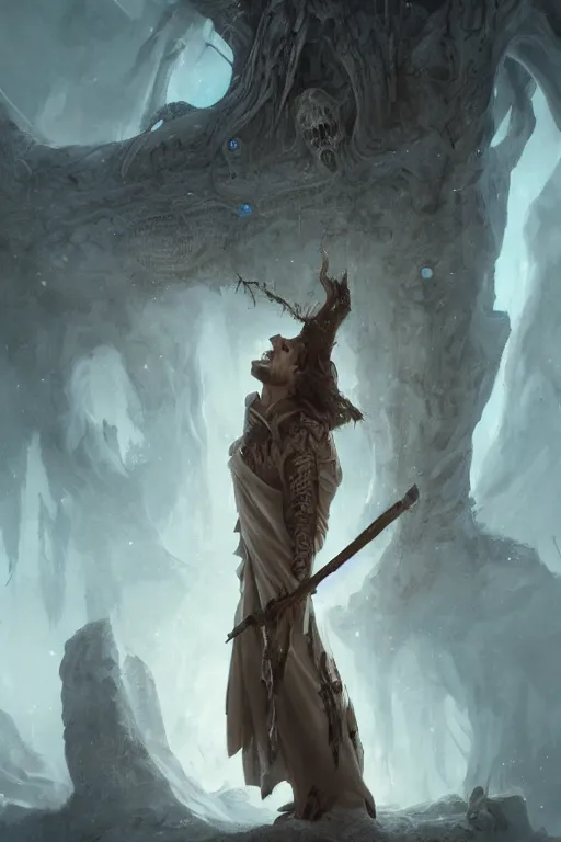 Image similar to profile view, a necromancer with a staff casts a spell that reveals the secret of life the universe and everything, dirty linen robes, staff of bones, grizzled bearded withered man by jessica rossier and hr giger