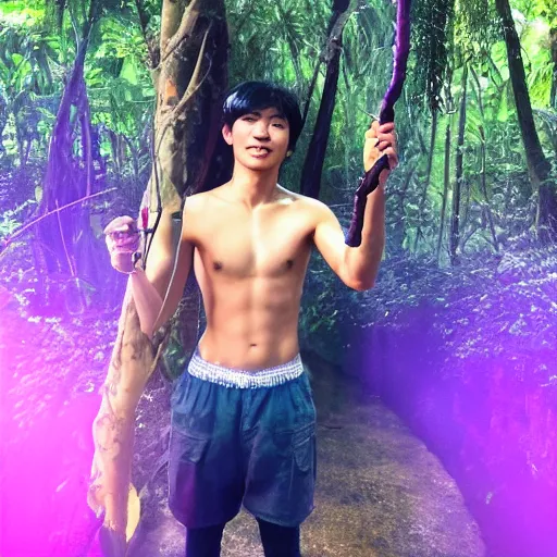Prompt: head to toe photo, jungle book mowgli who is a 2 0 year old korean with large muscles and with long unkempt and slightly curly hair, holding a torch in one hand and an iphone in the other hand, standing in the jungles of jeju island