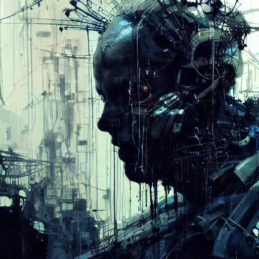 Image similar to a cybernetic hunter, cyberpunk, wires, skulls, machines, by emil melmoth zdzislaw belsinki craig mullins yoji shinkawa realistic render ominous detailed photo atmospheric by jeremy mann and agnes cecile ink drips paint smears digital glitches glitchart