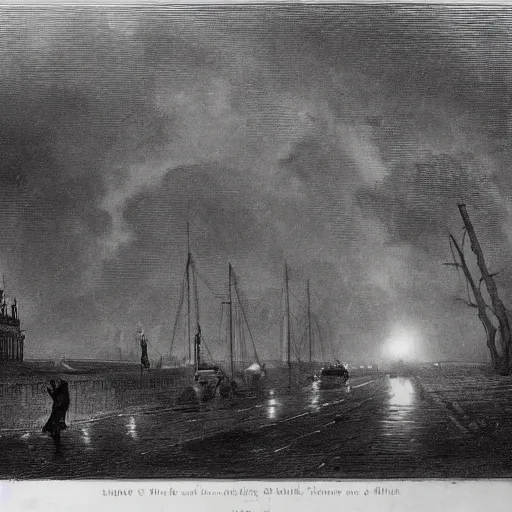 Prompt: It was a dark and stormy night; the rain fell in torrents, except at occasional intervals, when it was checked by a violent gust of wind which swept up the streets (for it is in London that our scene lies), rattling along the house-tops, and fiercely agitating the scanty flame of the lamps that struggled against the darkness