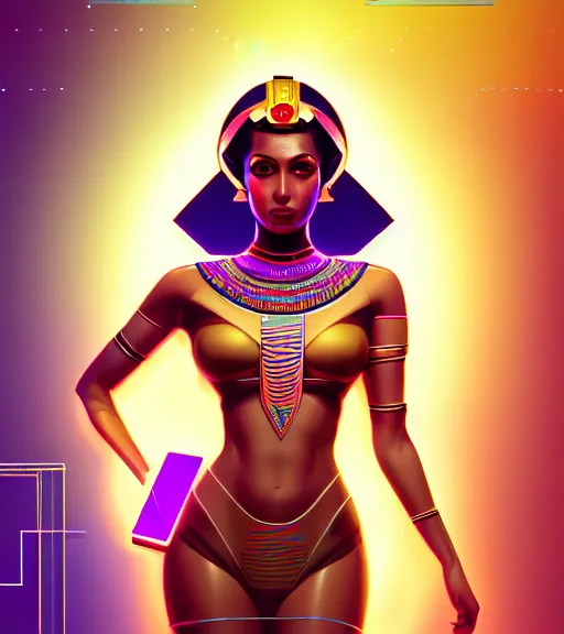 Image similar to symmetry!! egyptian princess of technology, solid cube of light, hard edges, product render retro - futuristic poster scifi, lasers and neon circuits, brown skin gorgeous egyptian princess, intricate, elegant, highly detailed, digital painting, artstation, concept art, smooth, sharp focus, illustration, dreamlike, art by artgerm