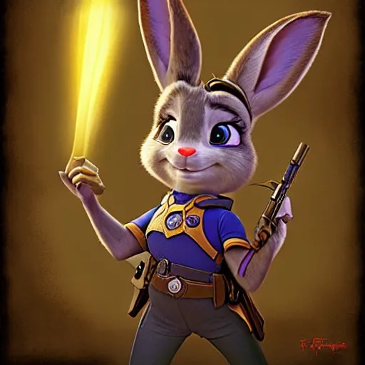Image similar to A picture of Judy Hopps, close up D&D portrait, Neverwinter Nights, by Frank Frazetta