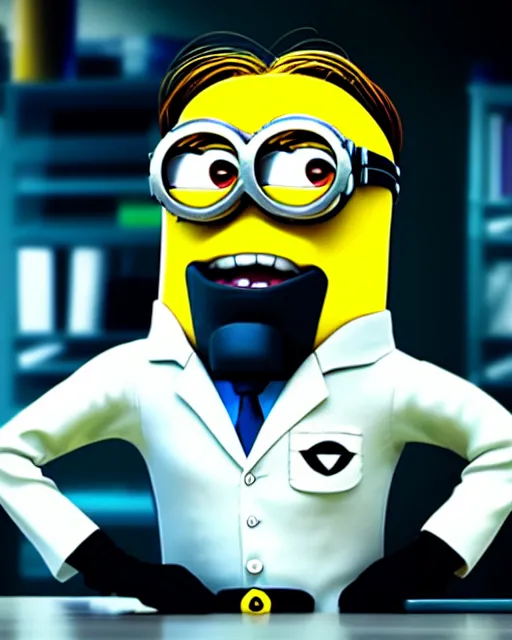 Prompt: minions full body character portrait of a beautiful nerdy scientist wearing glasses, at a work desk thinking intensely, wearing combination of lab - coat and mecha suit, laboratory in the background, artstation scifi accurate character, unreal engine, 4 k digital camera, sharp focus, movie still