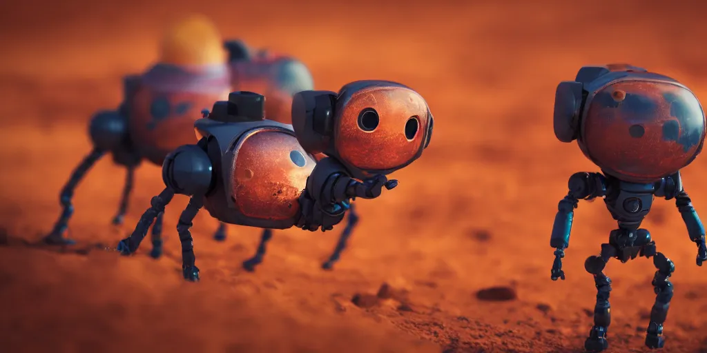 Image similar to high quality presentation photo of cute alien robots on mars, photography 4k, full body, f1.8 anamorphic, bokeh, 4k, Canon, Nikon