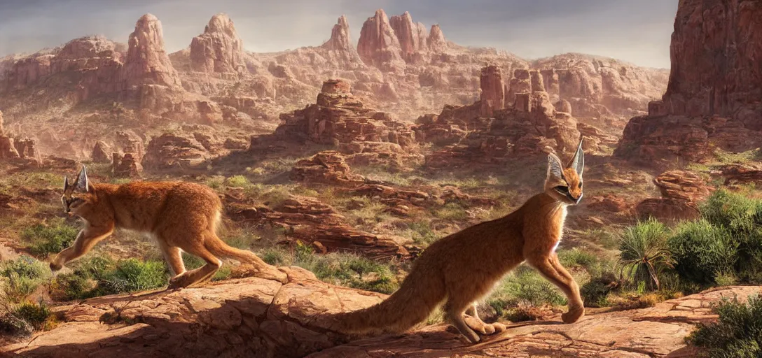 Image similar to cute caracal in beautiful utah desert, rock arcs, lush vegetation, landscape, alex ross, eddie mendoza, raphael lacoste, sebastian ludke, concept art, matte painting, highly detailed, rule of thirds, dynamic lighting, cinematic, detailed, magnificiant landscape, denoised