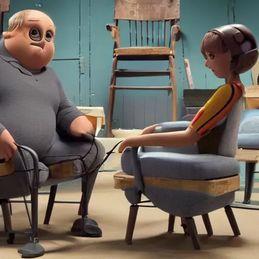 Prompt: film still from walle of the fat humans in chairs