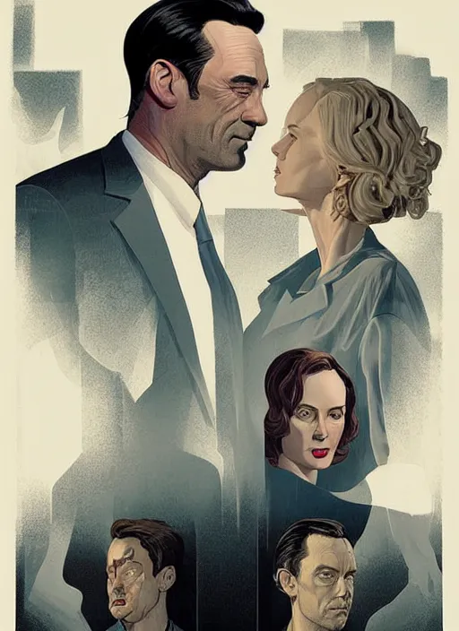 Image similar to poster artwork by Michael Whelan and Tomer Hanuka, Karol Bak of Naomi Watts Jon Hamm husband & wife portrait, creepy smiles, from scene from Twin Peaks, clean, simple illustration, nostalgic, domestic, full of details