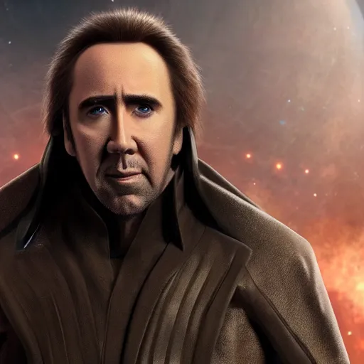 Image similar to nicolas cage in a star wars movie (original trilogy), octane render, highly detailed digital art, digital photography, concept art, unreal engine, 4k, 8k, ultra HD, fun, laughs, dark humour