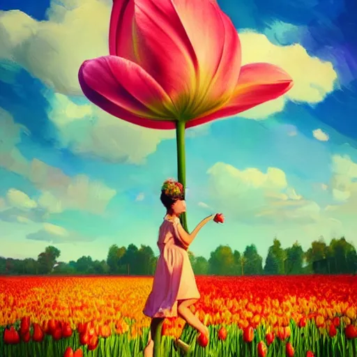 Image similar to girl with a giant tulip head, surreal photography, flower field, sunset dramatic light, impressionist painting, colorful clouds, blue sky, digital painting, artstation, simon stalenhag