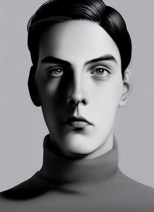 Image similar to portrait of teenage jughead jones wearing a light grey crown, crown, blue turtleneck, 1 9 5 0 s, closed eyes, photorealistic, black hair, glowing lighting, intricate, elegant, glowing lights, highly detailed, digital painting, artstation, concept art, smooth, sharp focus, illustration, art by wlop, mars ravelo and greg rutkowski