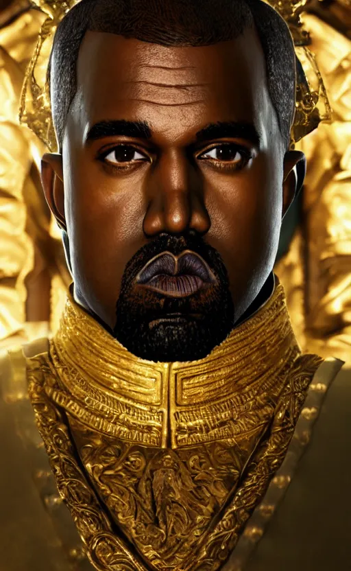 Image similar to Portrait of Kanye West as Emperor Napoleon in Skyrim, splash art, movie still, cinematic lighting, dramatic, octane render, long lens, shallow depth of field, bokeh, anamorphic lens flare, 8k, hyper detailed, 35mm film grain