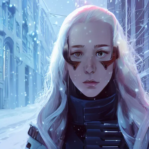 Image similar to portrait of the pale blond soldier Deckard, long curly blond hair, jagged black cyberpunk armor, imperial russian city streets covered in snow, sci fi, night time, ambient lighting, 4k, anime key visual, lois van baarle, ilya kuvshinov, rossdraws, artstation