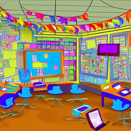 Prompt: a lively decorated classroom digital art, highly detailed