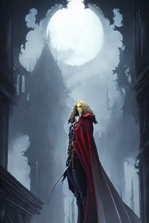 Image similar to alucard standing alone, castlevania, by stanley artgerm lau, wlop, rossdraws, james jean, andrei riabovitchev, marc simonetti, and sakimi chan, trending on artstation