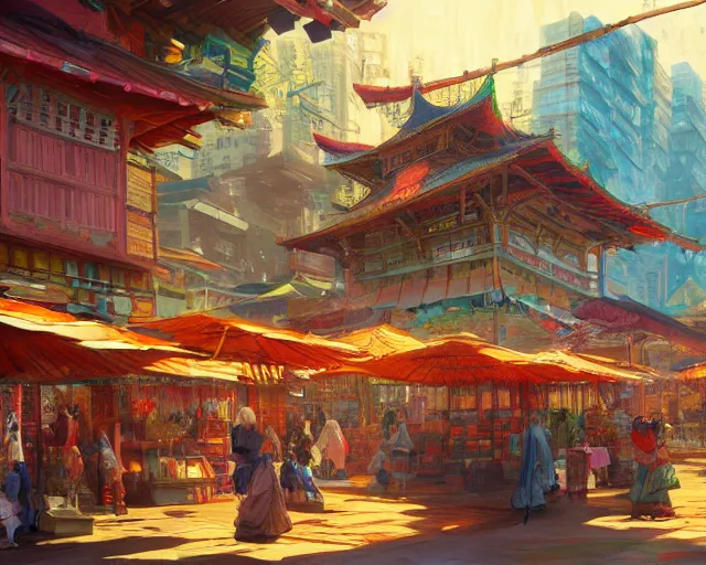 Image similar to colorful marketplace in a great, colorful kitsune city, bamboo, anime, a fantasy digital painting by Greg Rutkowski and James Gurney, trending on Artstation, highly detailed