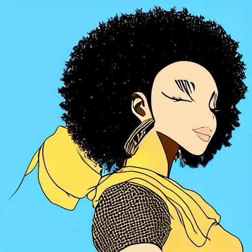 Prompt: black woman with a gold afro in anime style, highly detailed, sharp colors