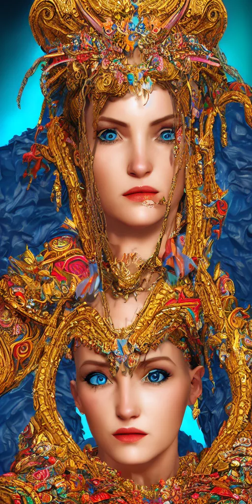 Image similar to portrait of karen 0, realistic, 4 k, fine details, wearing an ornate costume, concept art, high art, colorful