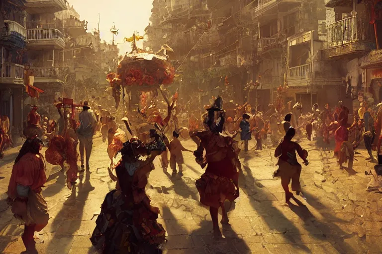 Image similar to carnaval de barranquilla, thorough details, intricate, artstation, atmosphere, highly detailed, craig mullins, james jean, cinematic, digital painting, deviantart, cinematic lighting, 4 k