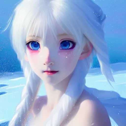 Image similar to white-haired anime girl frozen in an ice floe, intricate, highly detailed, smooth, close-up, artstation, digital illustration by Ruan Jia