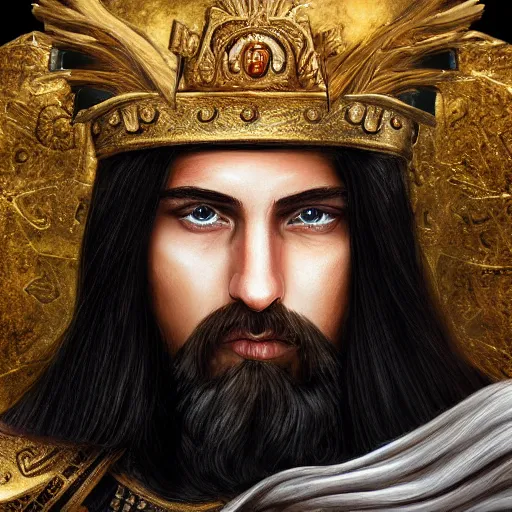 Prompt: the emperor of mankind, beautiful face, long black hair, a wreath on his head, digital painting, photo realism, super realistic detail